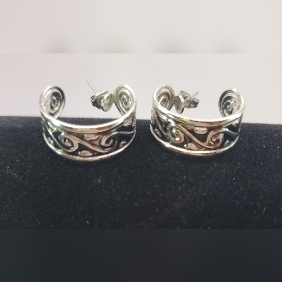 Silver Tone Scrolled Design Pierced Hoop Earrings - Picture 1 of 3
